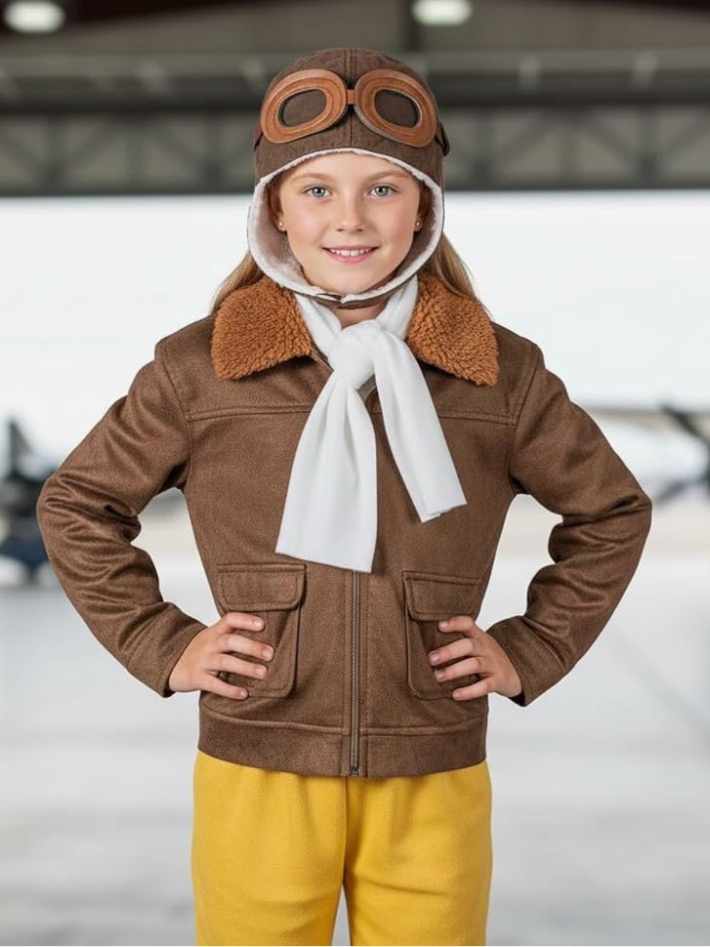 Pilot Aviator Costume Kids Coat Pants Hat Scarf Girl Boy 9-10 Years Brown 140